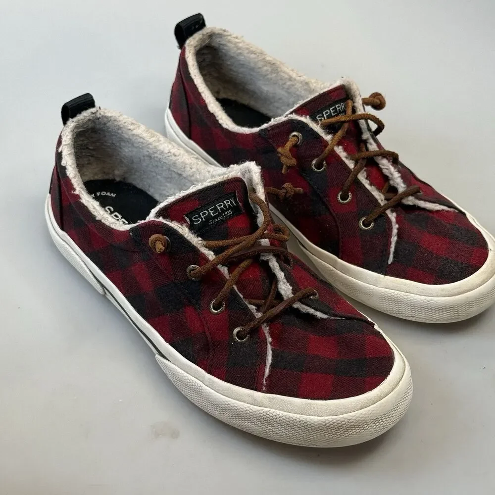 Sperry Top Sider Size 8.5 Buffalo Red Plaid Faux Wool Sneakers Womens Shoes